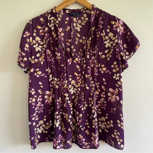Lands' End Tops - Lands' End Women's Floral Tie Neck Short Sleeve Blouse Purple Size 8P